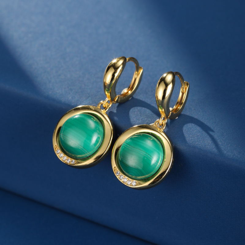 Boucles d'Oreilles Malachite – Harmonie Verte, Argent Plaqué Or