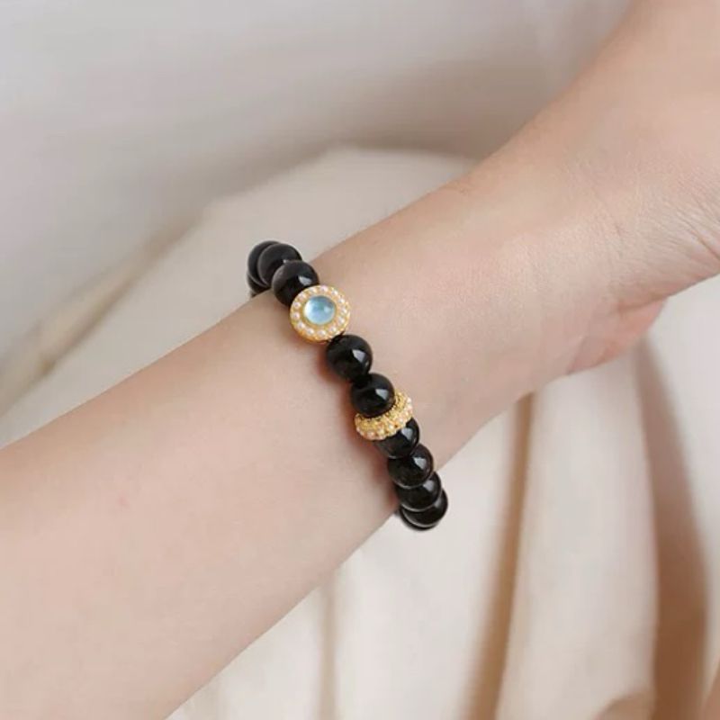 Bracelet Obsidienne et Aigue Marine – Éclat Marin