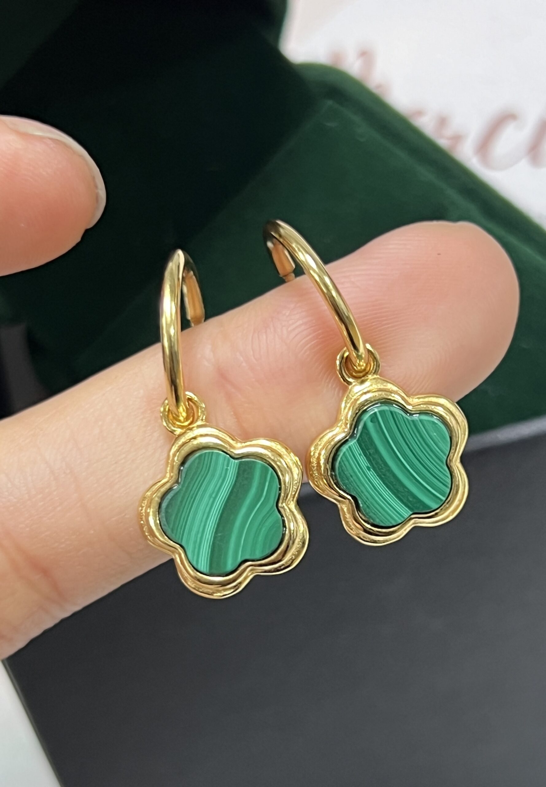 Boucles d'Oreilles Malachite – Étoile Fleur, Argent Plaqué Or photo review