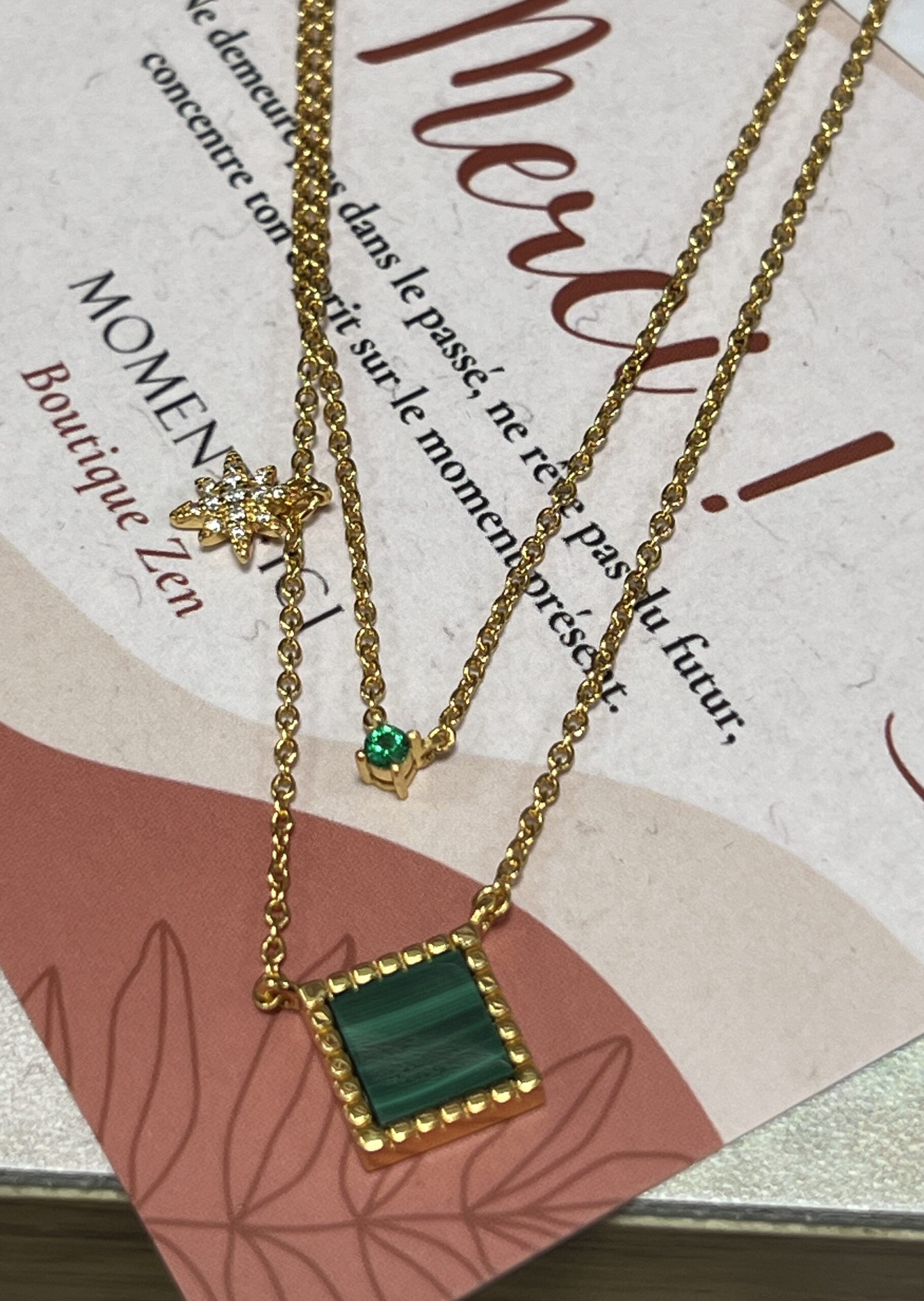 Collier Malachite et Zircon – Éclat Cube, Argent Plaqué Or photo review