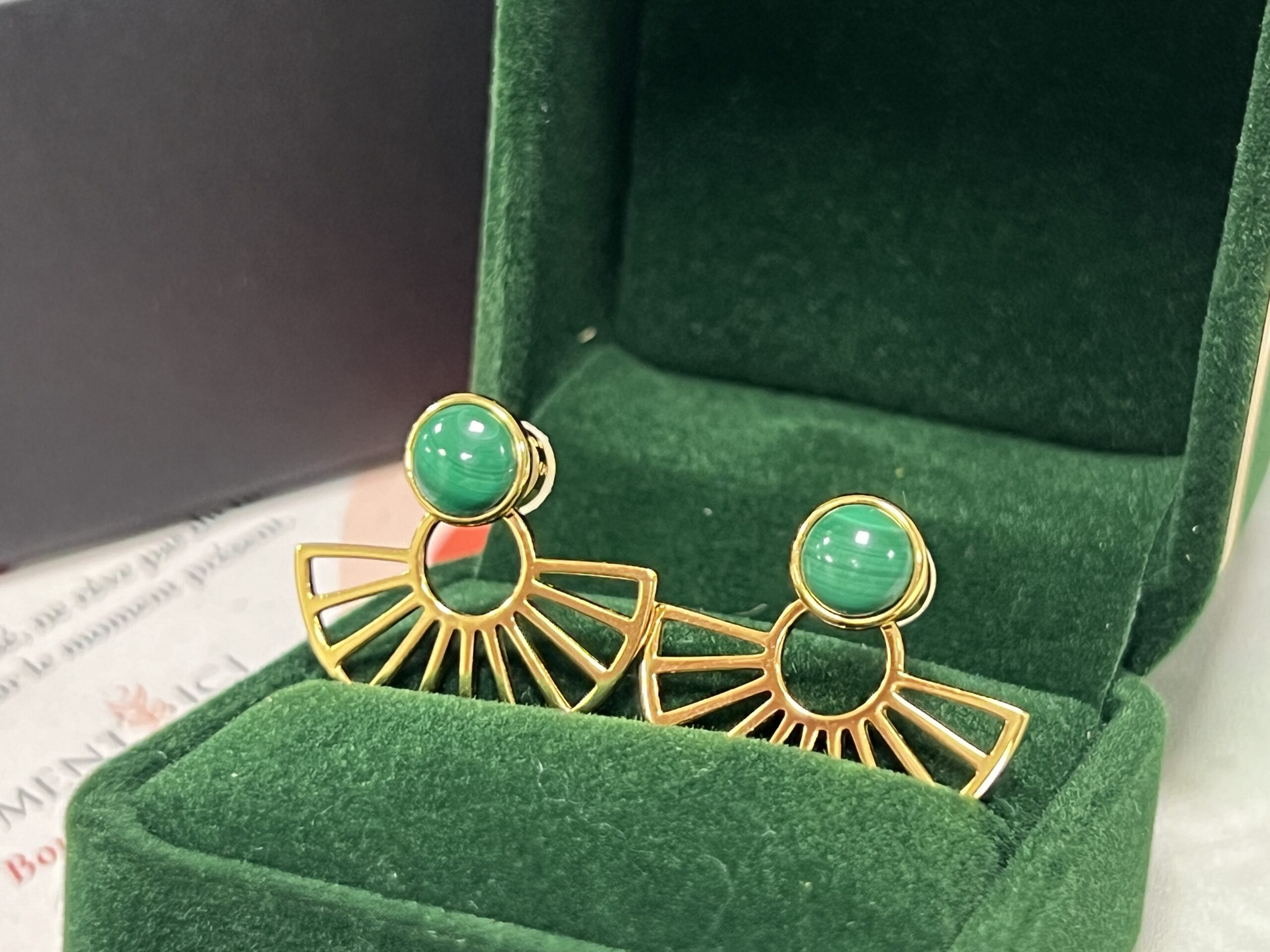 Boucles d'Oreilles Malachite – Éventail, Argent Plaqué Or photo review