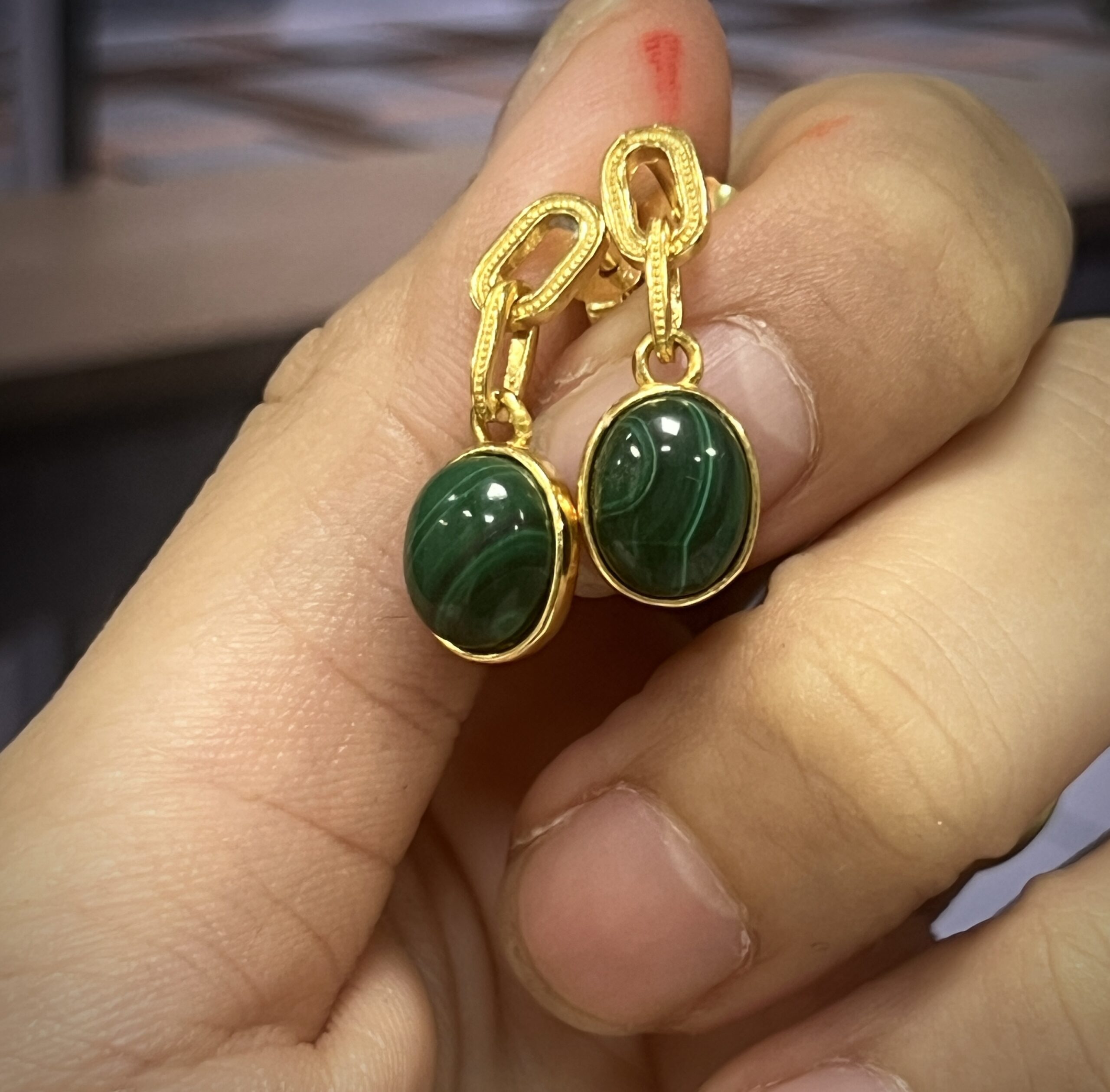 Boucles d'Oreilles Malachite – Prestige, Argent Plaqué Or photo review