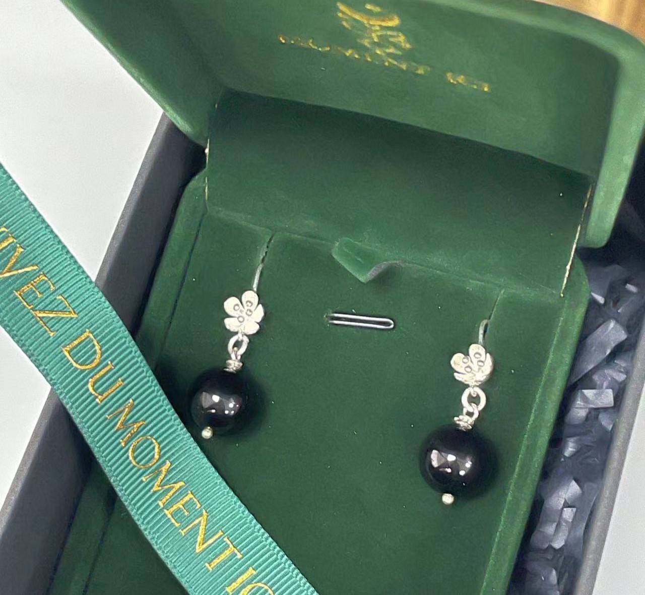 Boucles d'Oreilles Pendantes Obsidienne – Floraison Mystique, Argent photo review