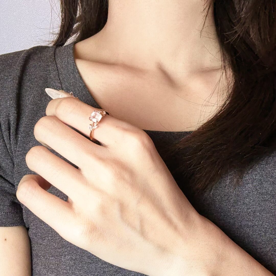 Bague Quartz Rose – Élégant Feuillu, Argent Plaqué Or