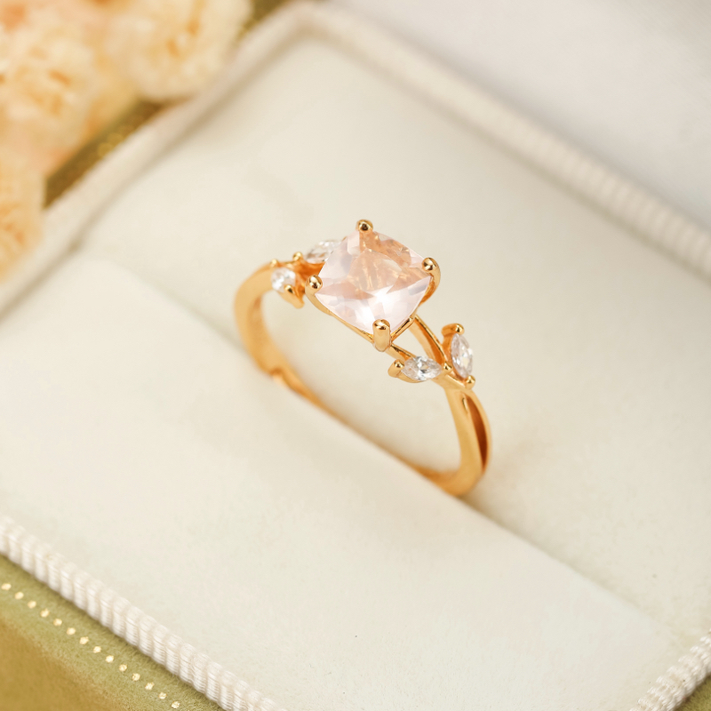 Bague Quartz Rose – Élégant Feuillu, Argent Plaqué Or