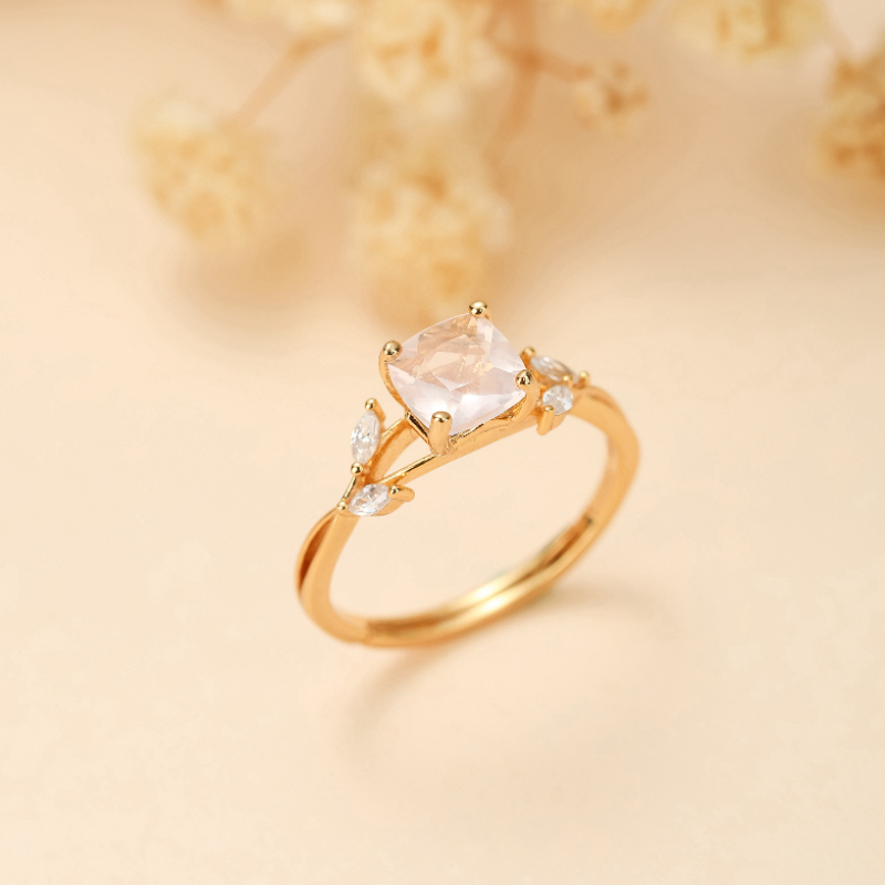 Bague Quartz Rose – Élégant Feuillu, Argent Plaqué Or