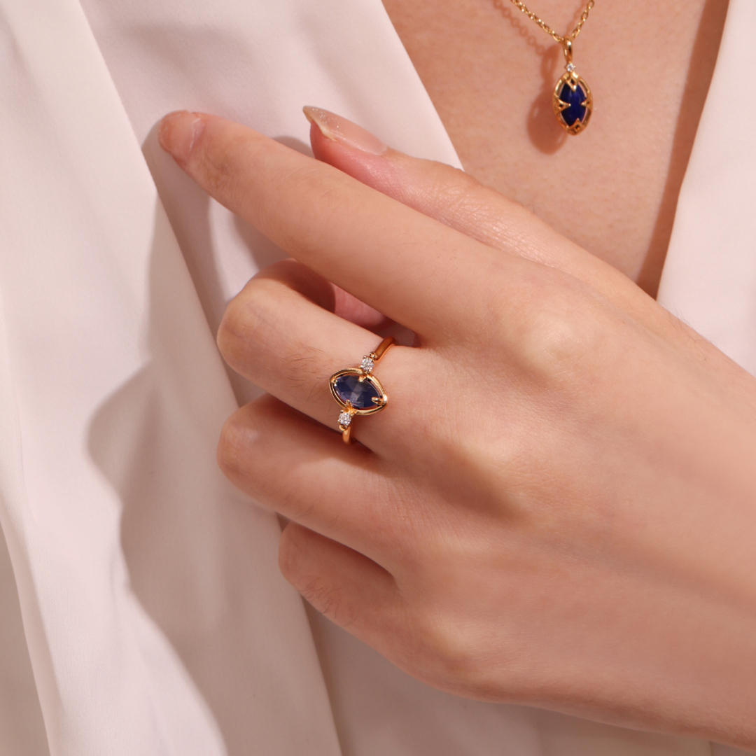 Bague Lapis Lazuli et Quartz Clair – Étoile du Matin, Argent Plaqué Or