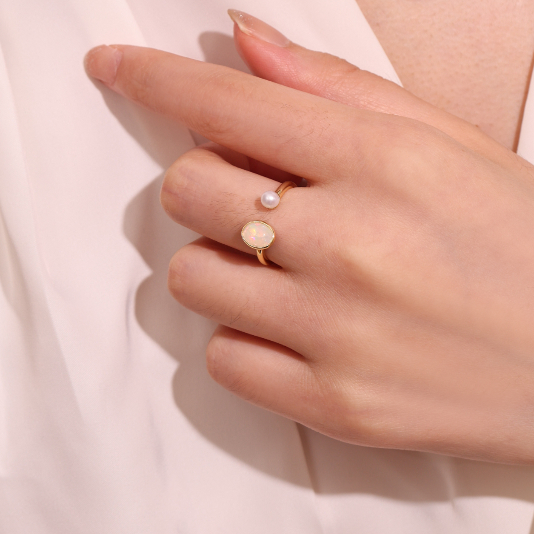 Bague Opale et Perle – Mélodie du Ciel, Argent Plaqué Or