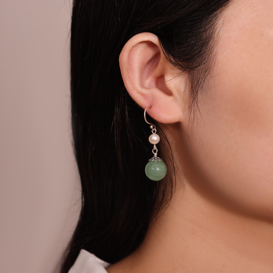 Boucles d'Oreilles Aventurine et Perle – Éclat Naturel, Argent