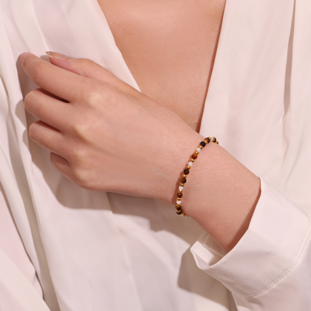 Bracelet Œil de Tigre – Charme Royal, Argent Plaqué Or