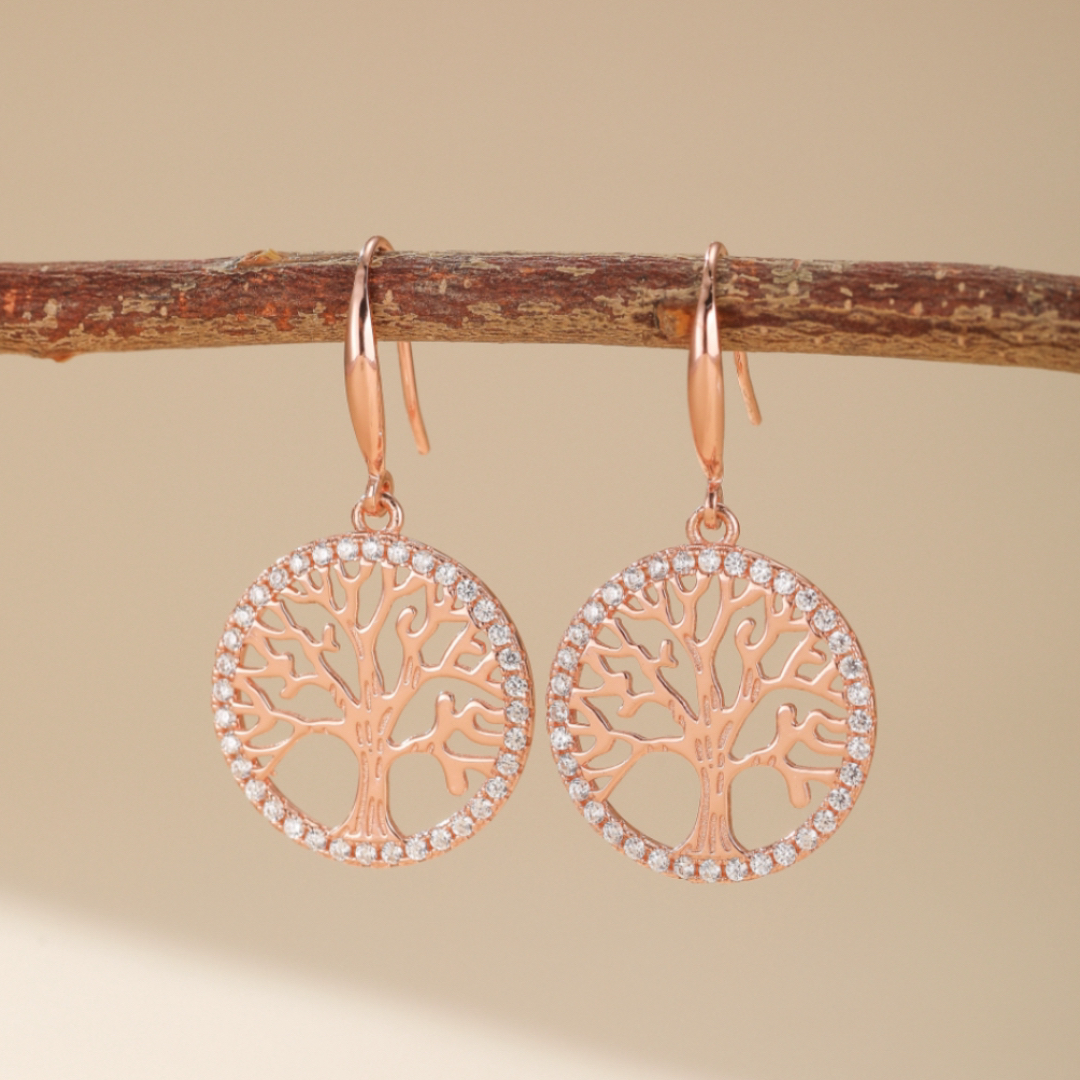 Boucles d'Oreilles Arbre de Vie – Renouveau, Argent Plaqué Or Rose