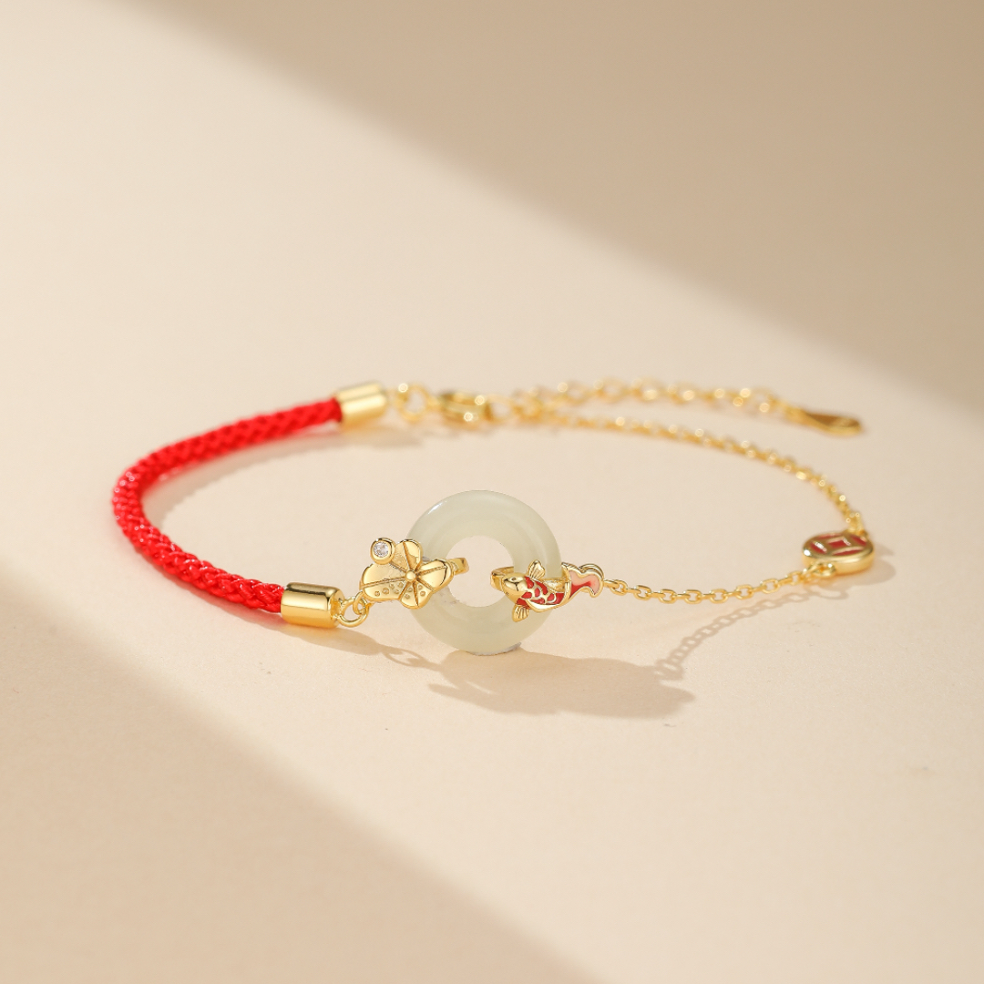 Bracelet Cordon Rouge et Jade – Carpe Koï, Argent Plaqué Or