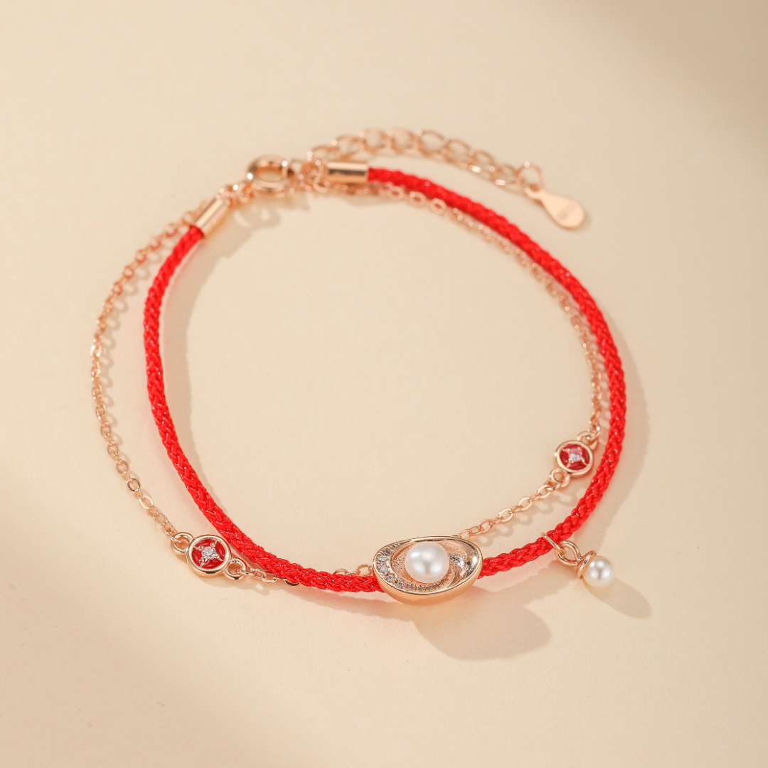 Bracelet Cordon Rouge et Perle – Trésor Marin, Argent Plaqué Or