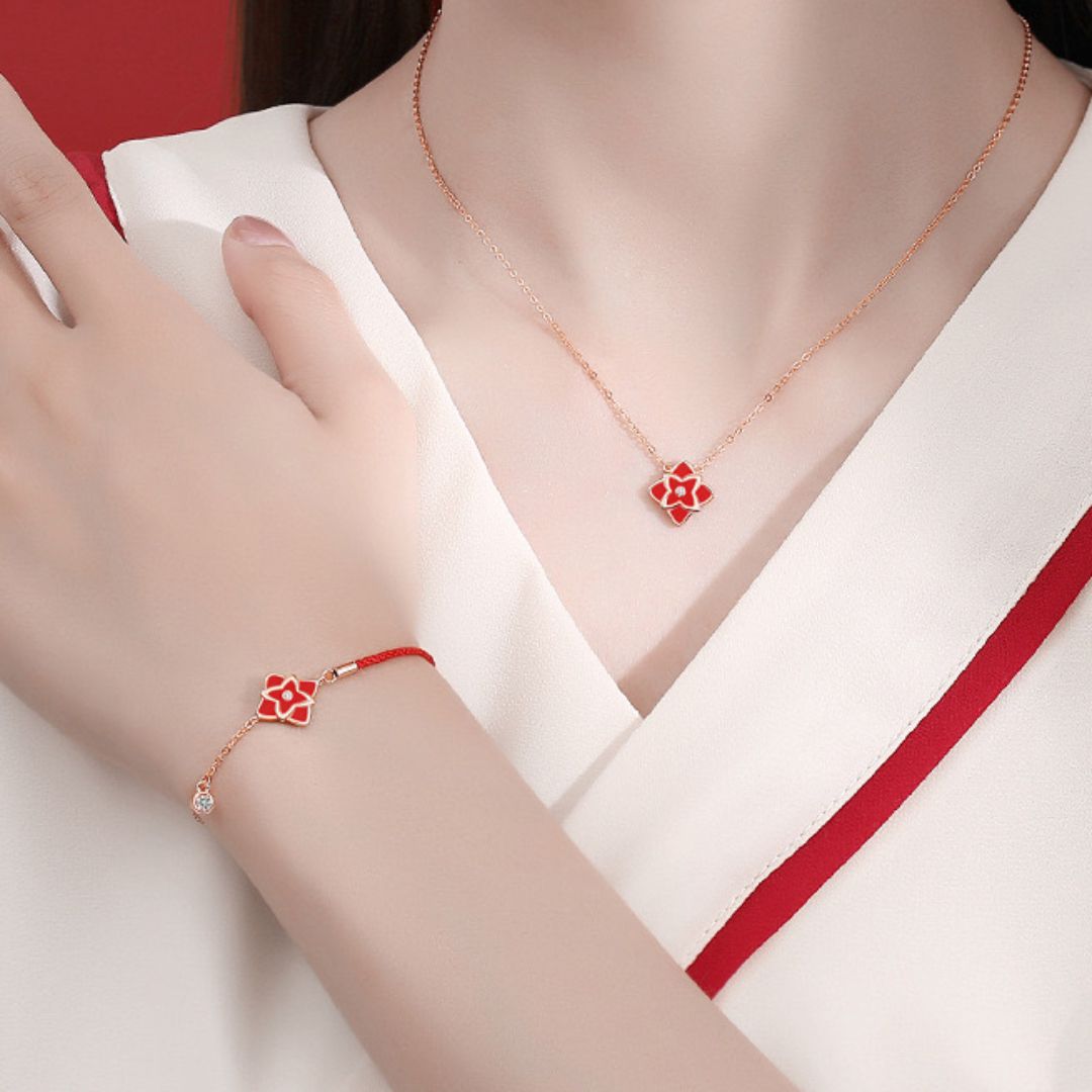 Bracelet Cordon Rouge – Fleur de Chance, Argent 925