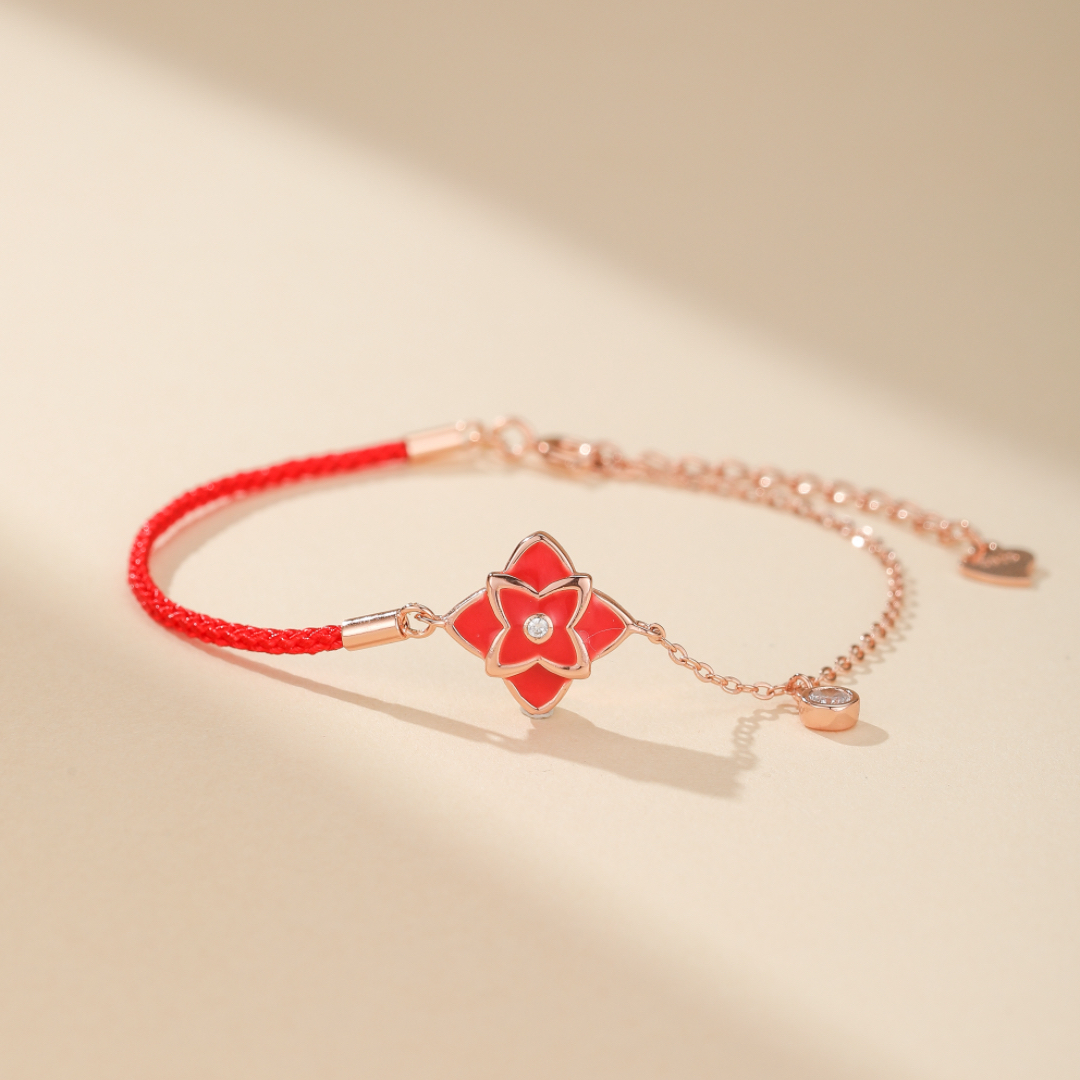 Bracelet Cordon Rouge – Fleur de Chance, Argent 925