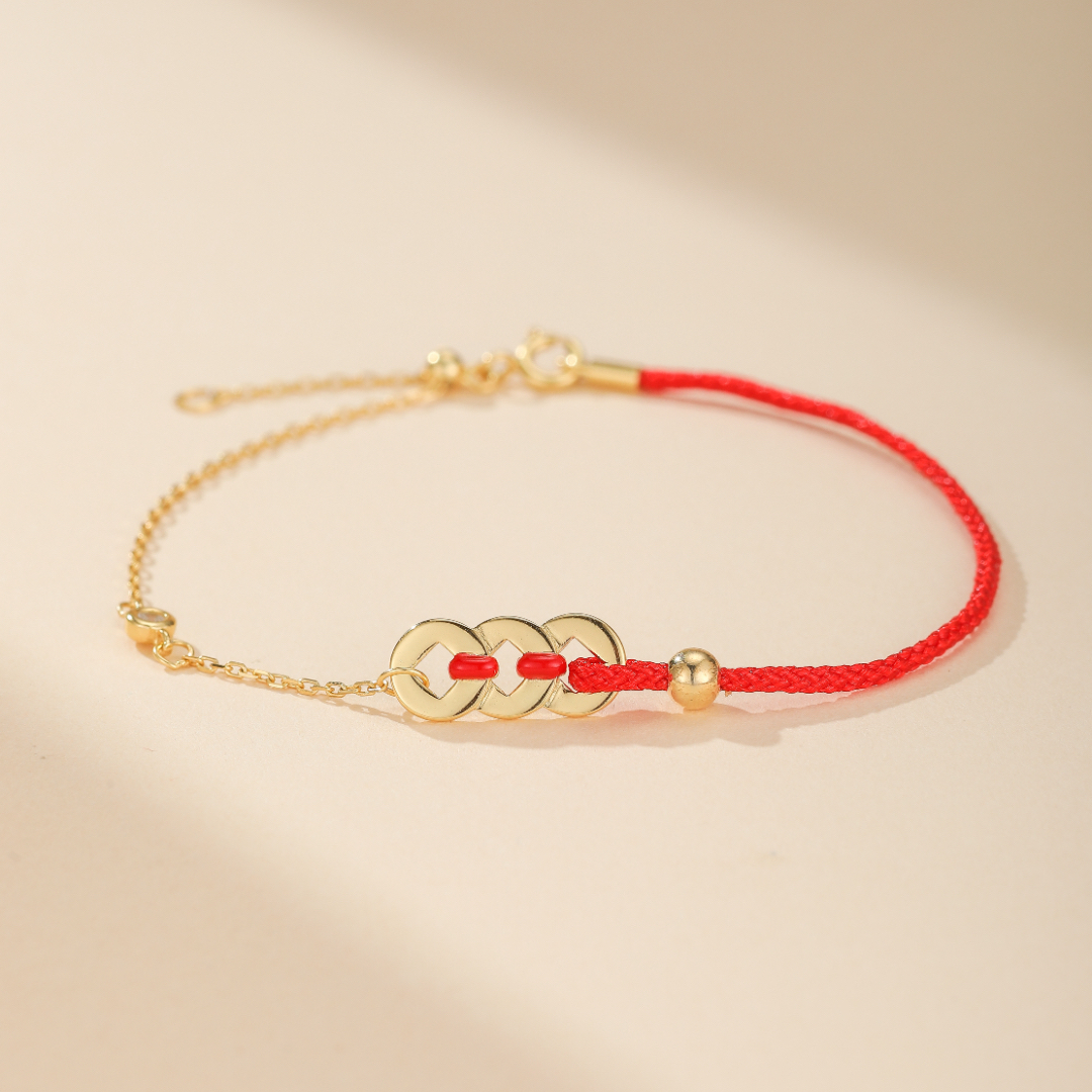 Bracelet Cordon Rouge – Monnaies Porte-Bonheur, Argent Plaqué Or 18K