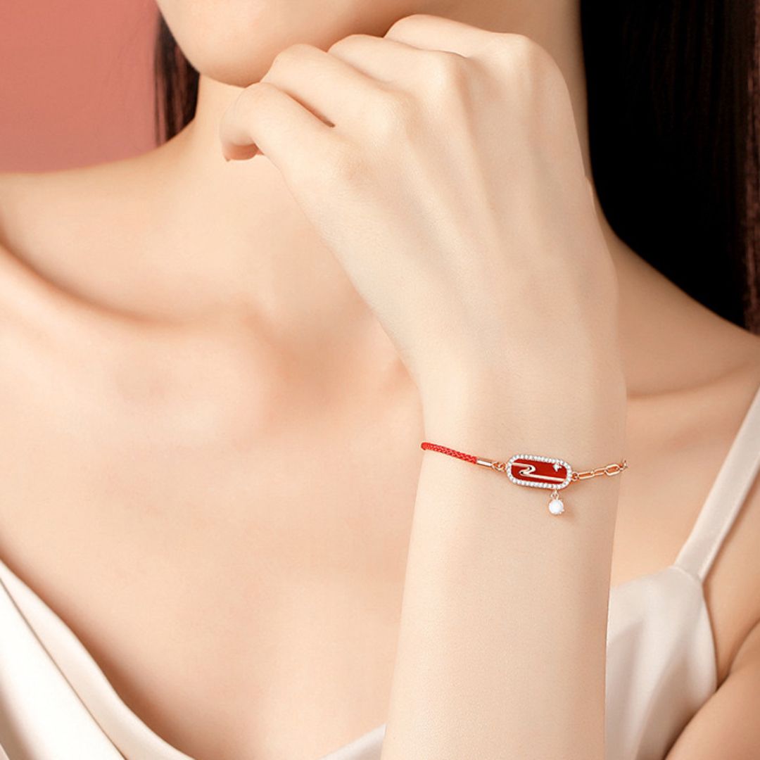 Bracelet Cordon Rouge – Nuage Lunaire, Argent Plaqué Or