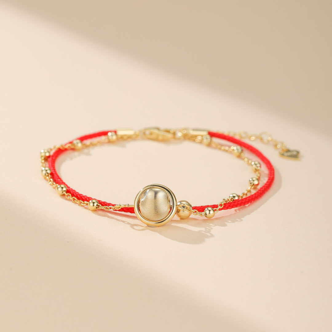 Bracelet Cordon Rouge – Roue de la Chance, Argent Plaqué Or