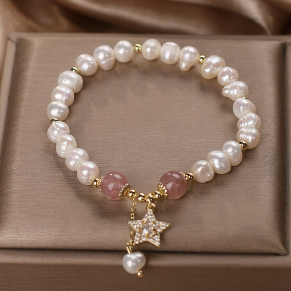 Bracelet Perle et Quartz Fraise – Étoile Mystique