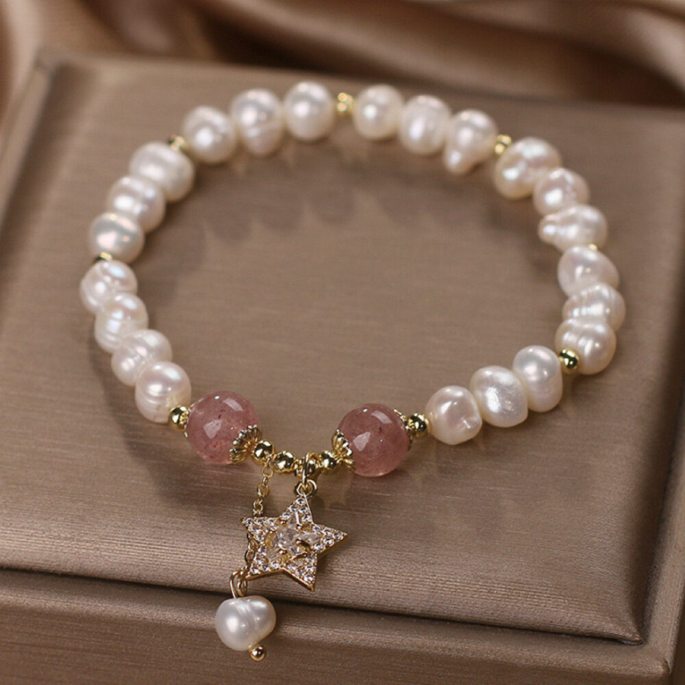 Bracelet Perle et Quartz Fraise – Étoile Mystique