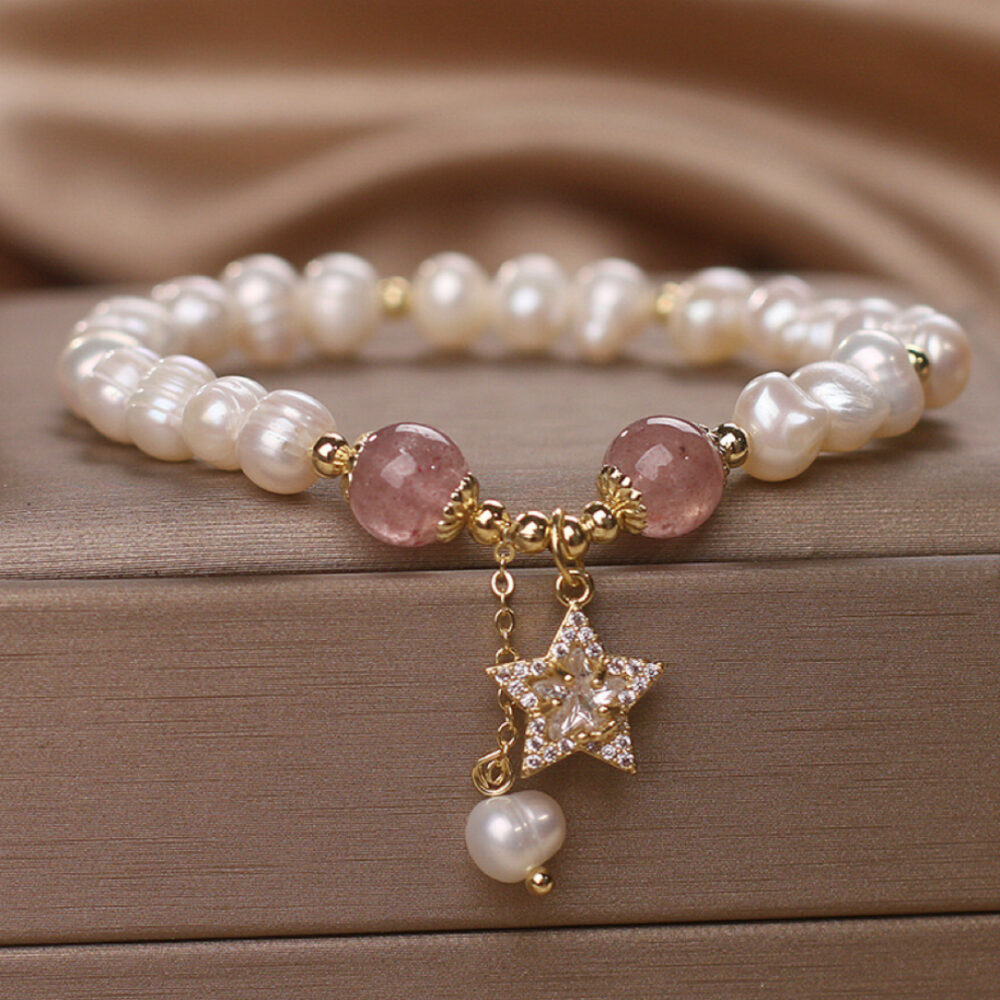 Bracelet Perle et Quartz Fraise – Étoile Mystique