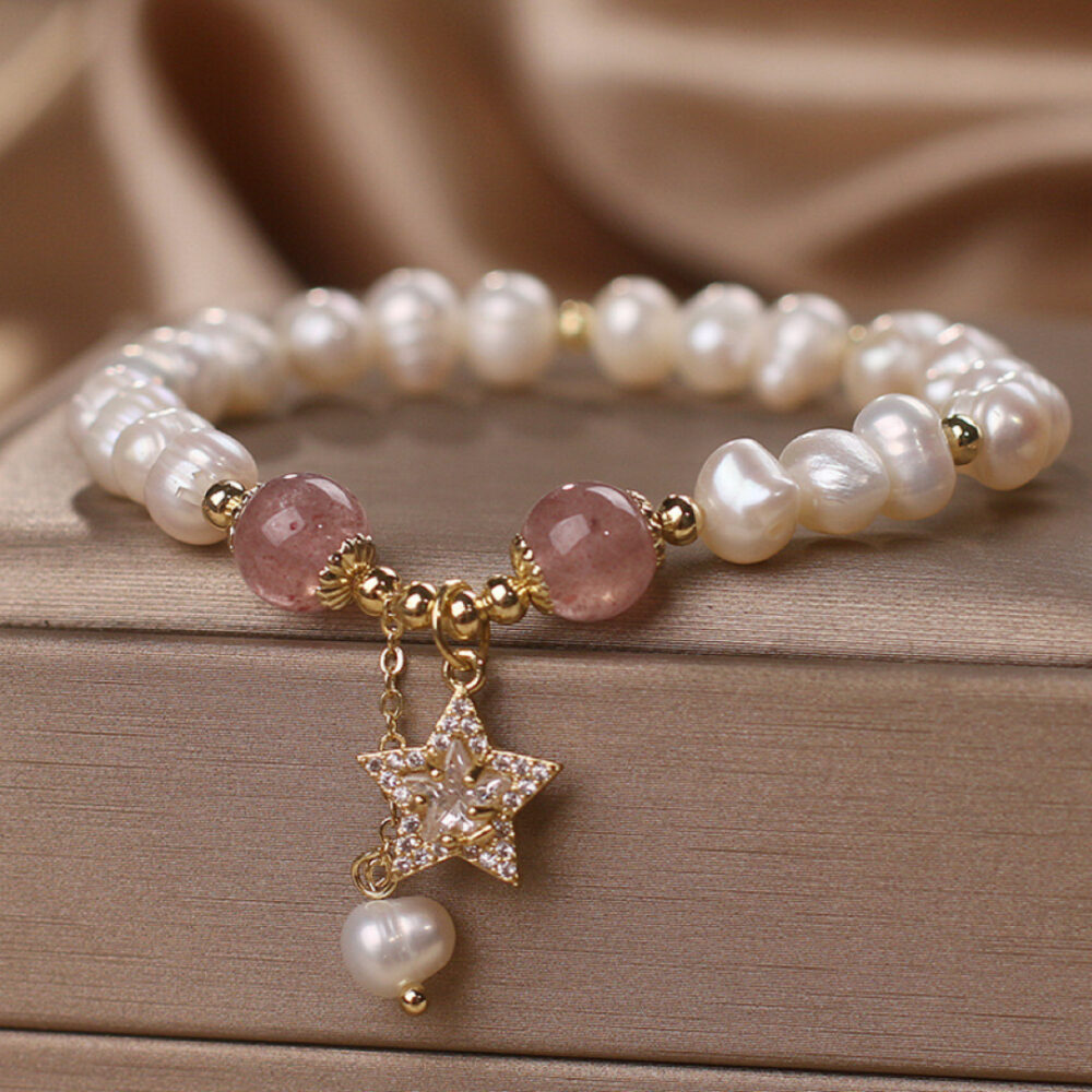 Bracelet Perle et Quartz Fraise – Étoile Mystique