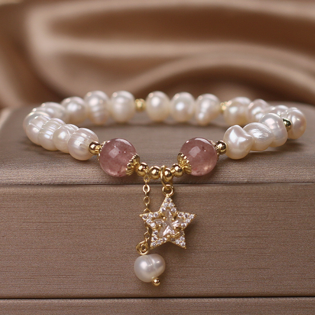 Bracelet Perle et Quartz Fraise – Étoile Mystique