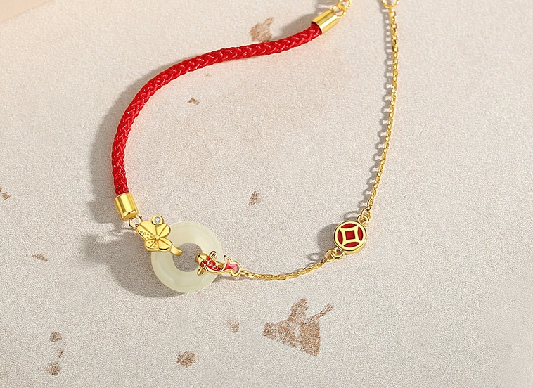 Bracelet Cordon Rouge et Jade – Carpe Koï, Argent Plaqué Or photo review