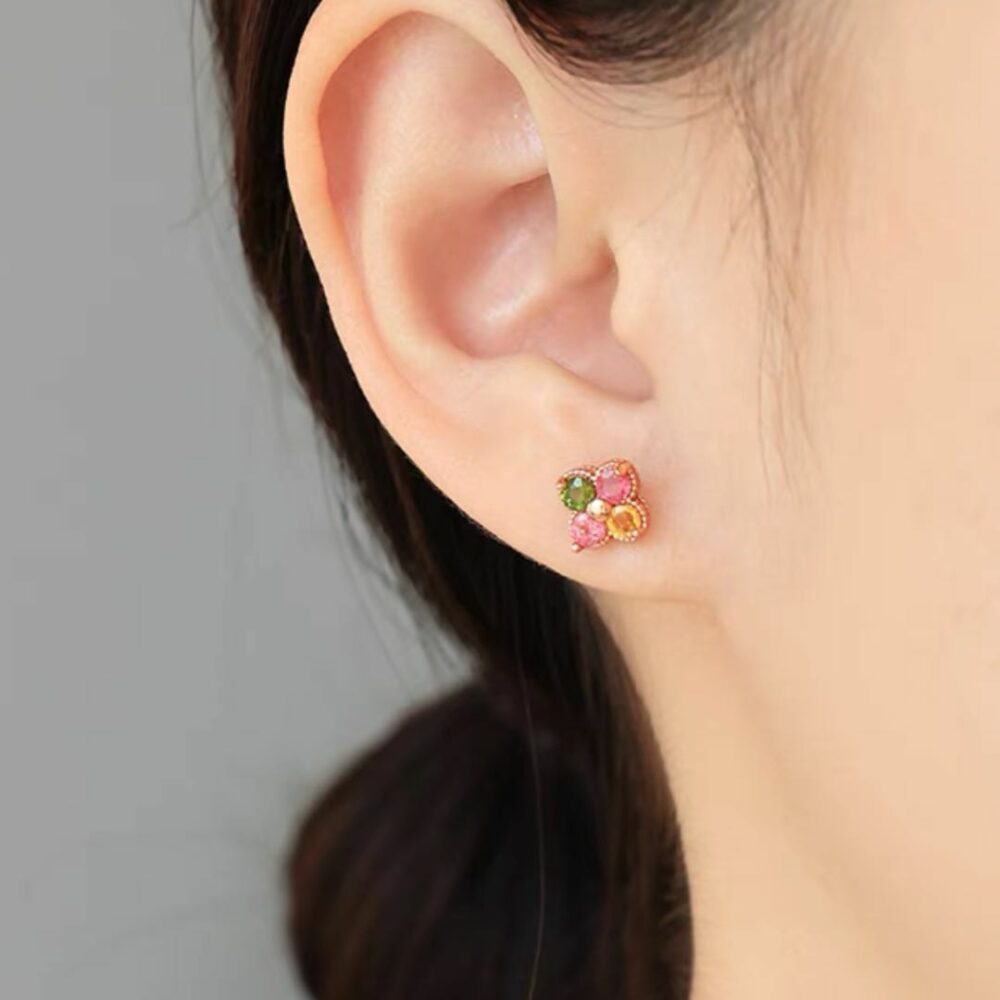 Boucles d'Oreilles Trèfle Tourmaline – Éclat de Vitalité , Argent Plaqué Or 18K