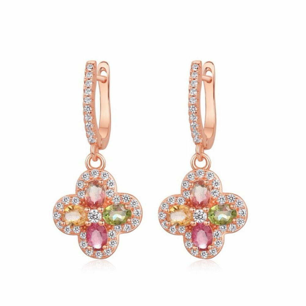 Boucles d'Oreilles Trèfle Tourmaline – Chance Éclatante, Argent Plaqué Or