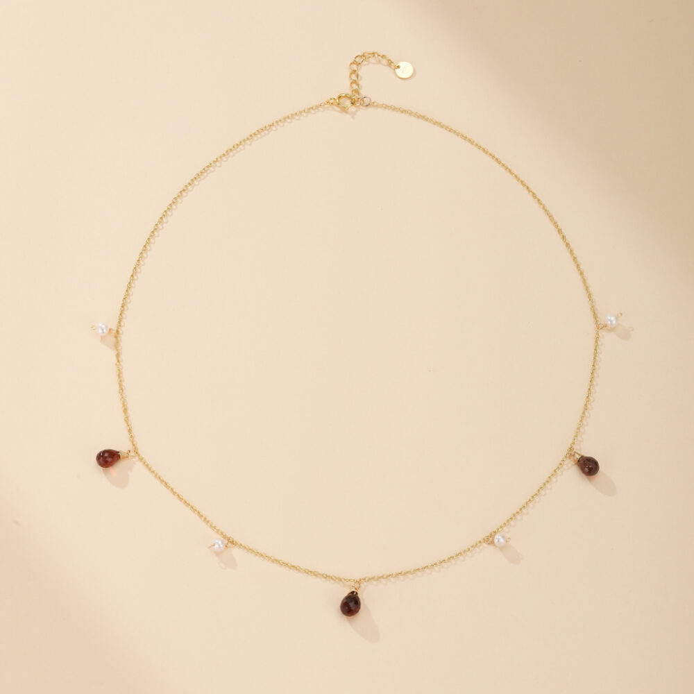 Collier Perles et Grenat – Mélodie d'Amour, Argent Plaqué Or 14K