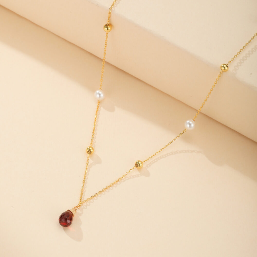 Collier Perles et Grenat – Mélodie d'Amour, Argent Plaqué Or 14K