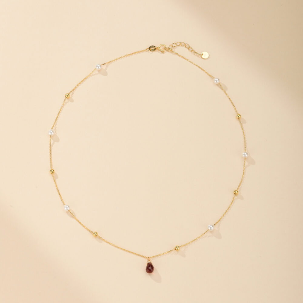 Collier Perles et Grenat – Mélodie d'Amour, Argent Plaqué Or 14K