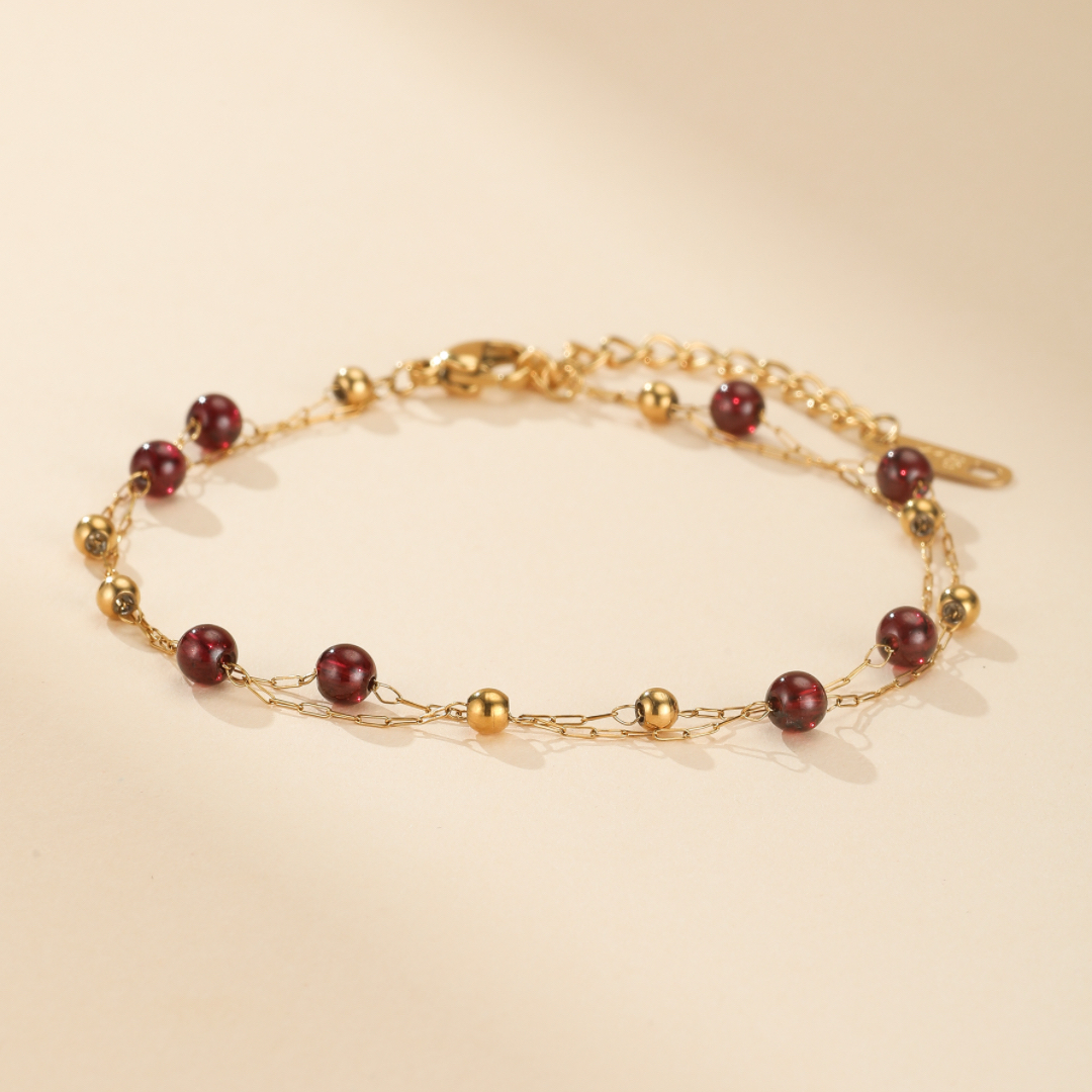 Bracelet Grenat – Cœur de Passion, Plaqué Or 18K