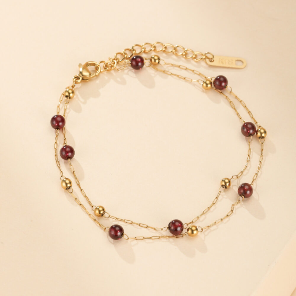 Bracelet Grenat – Cœur de Passion, Plaqué Or 18K