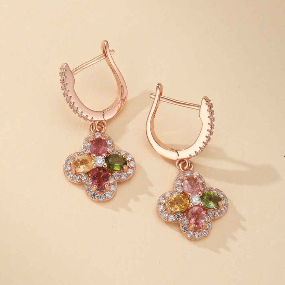 Boucles d'Oreilles Trèfle Tourmaline – Chance Éclatante, Argent Plaqué Or