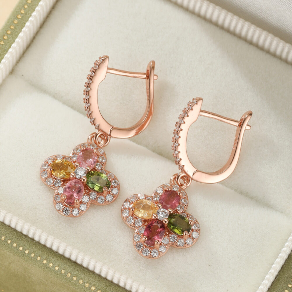 Boucles d'Oreilles Trèfle Tourmaline – Chance Éclatante, Argent Plaqué Or