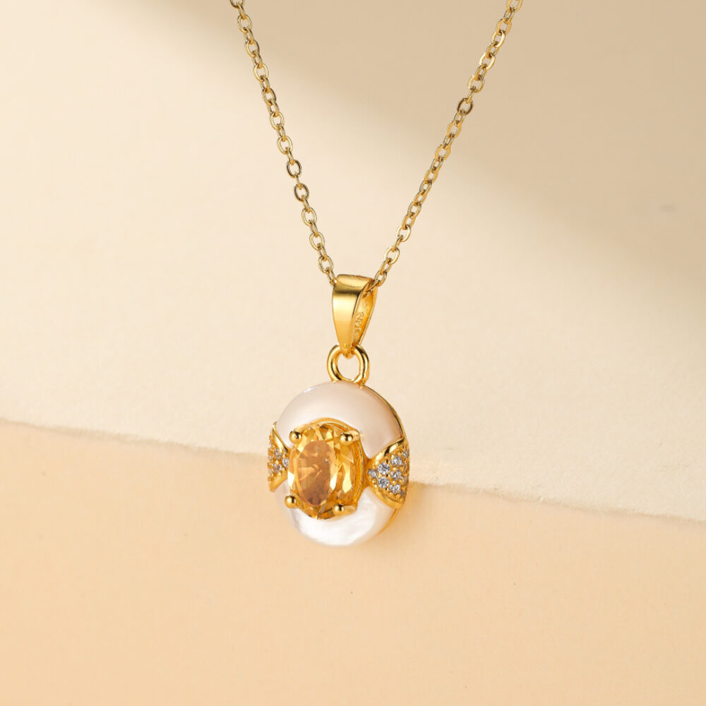 Collier Citrine et Nacre – Énergie d’Abondance, Argent Plaqué Or