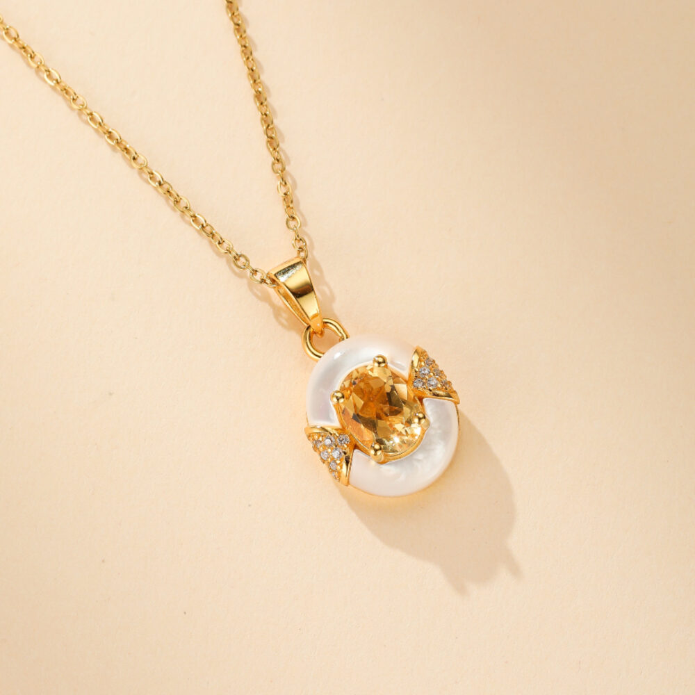 Collier Citrine et Nacre – Énergie d’Abondance, Argent Plaqué Or