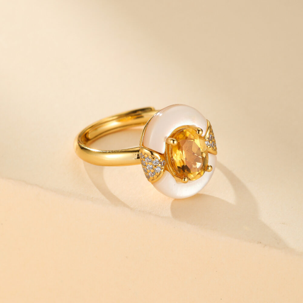 Bague Citrine et Nacre – Énergie d’Abondance, Argent Plaqué Or