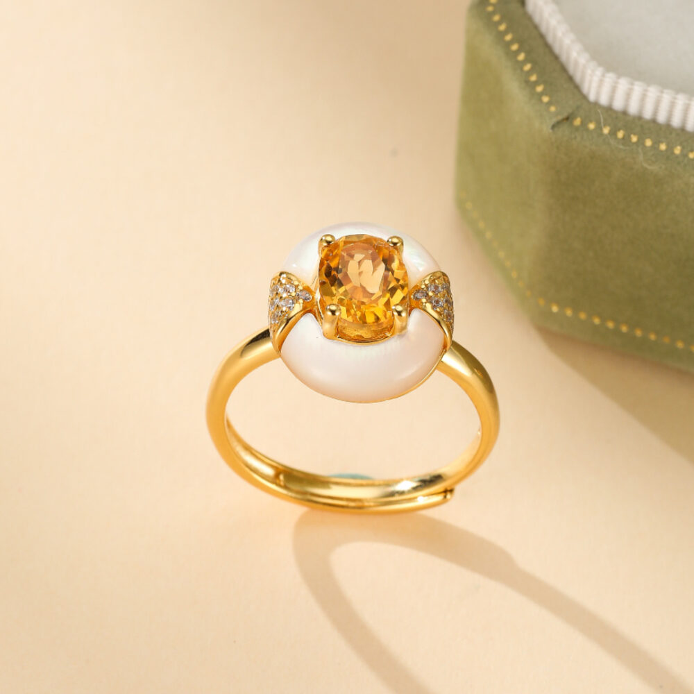 Bague Citrine et Nacre – Énergie d’Abondance, Argent Plaqué Or