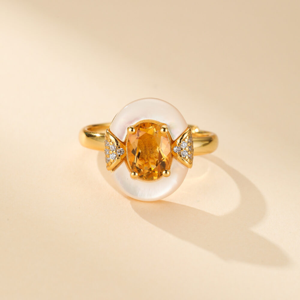 Bague Citrine et Nacre – Énergie d’Abondance, Argent Plaqué Or