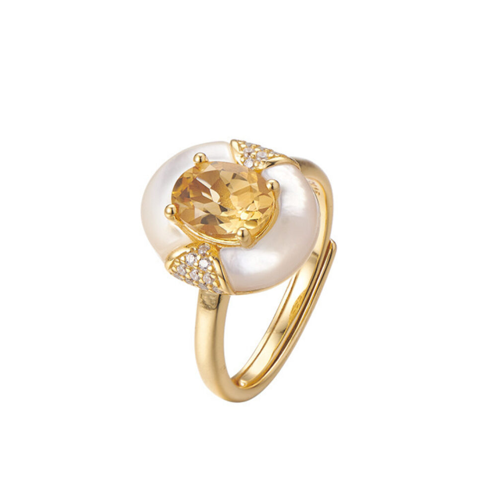 Bague Citrine et Nacre – Énergie d’Abondance, Argent Plaqué Or