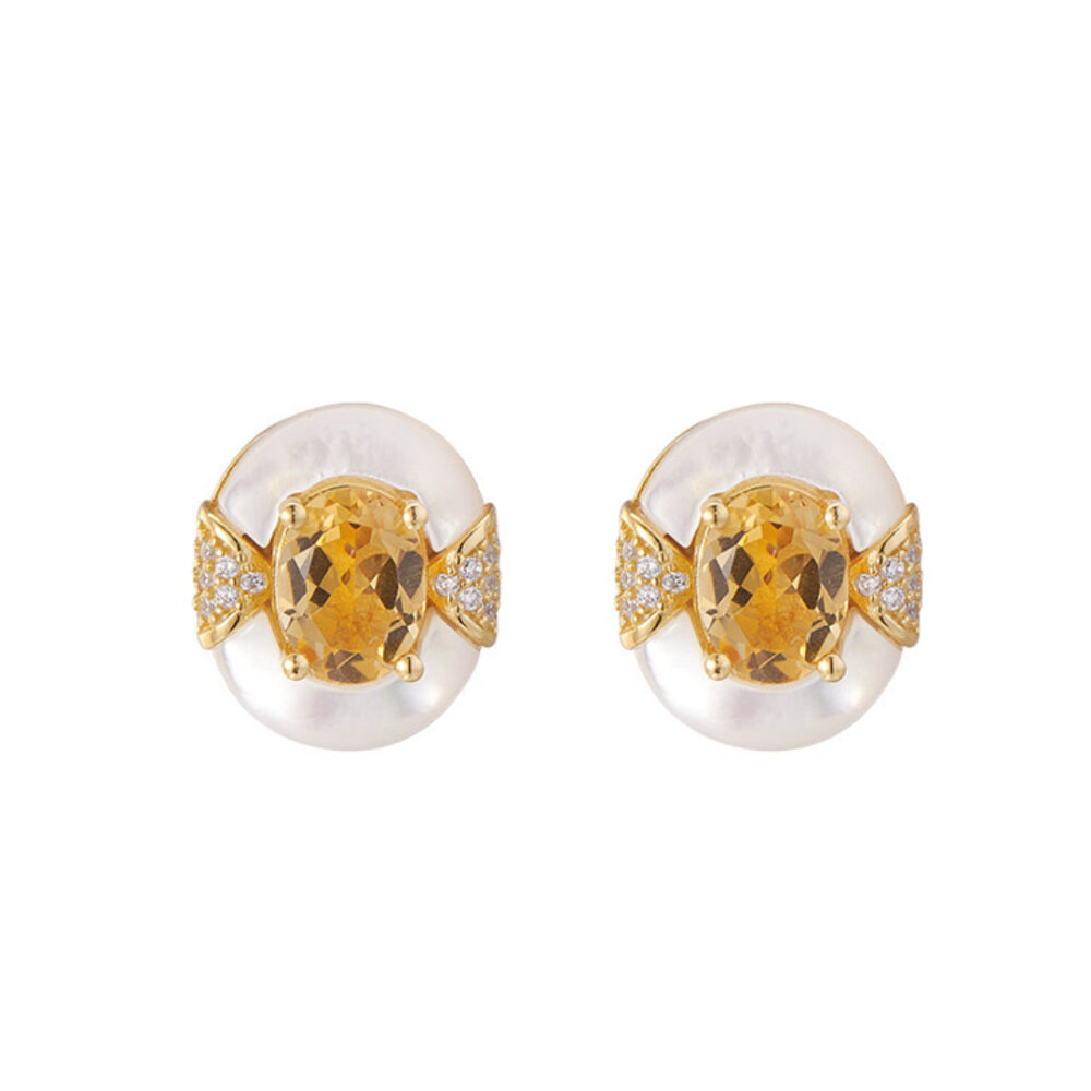 Boucles d'Oreilles Citrine et Nacre – Énergie d’Abondance, Argent Plaqué Or