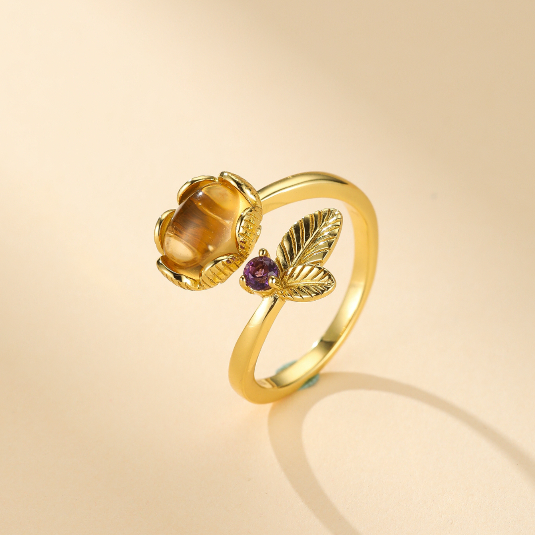 Bague Citrine et Améthyste – Éveil Floral, Argent Plaqué Or