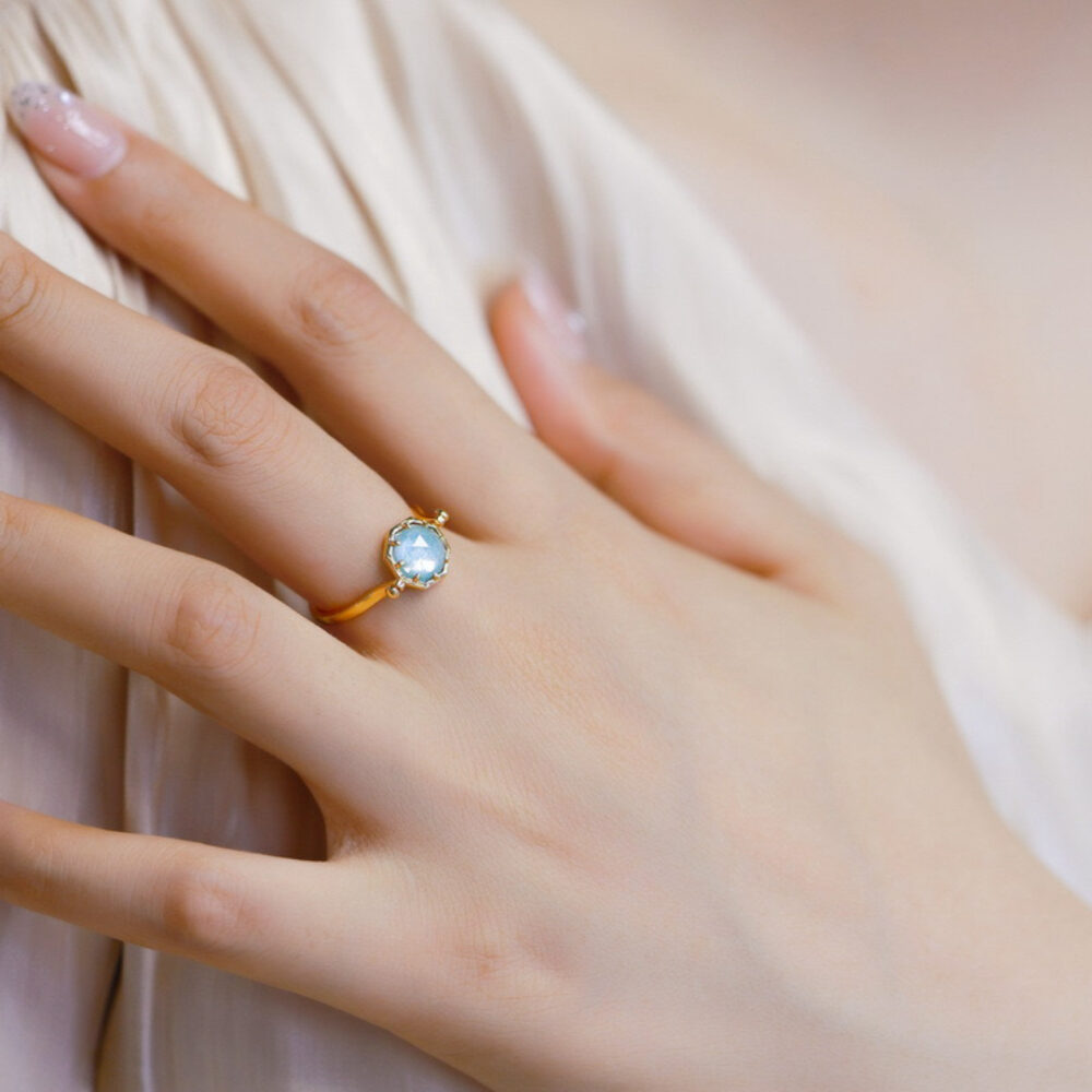 Bague Amazonite et Quartz – Danse des Étoiles, Argent Plaqué Or