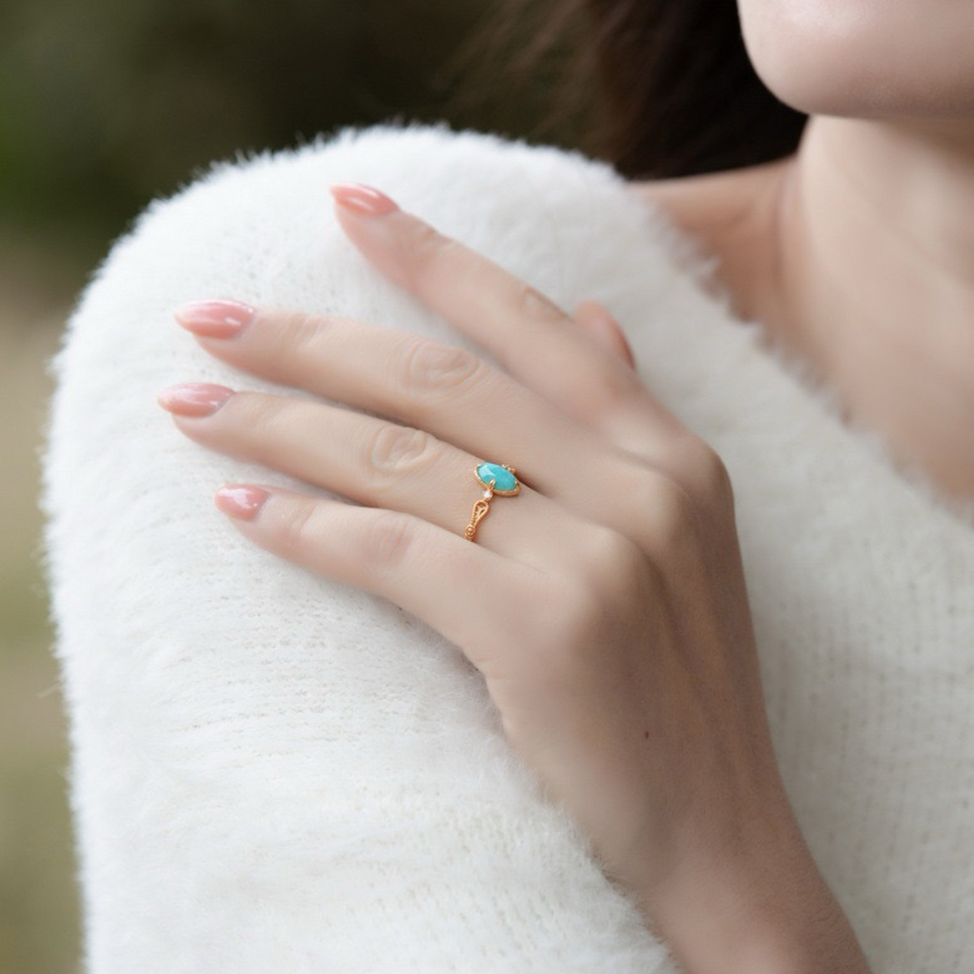 Bague Amazonite – Goutte de Bonheur, Argent Plaqué Or