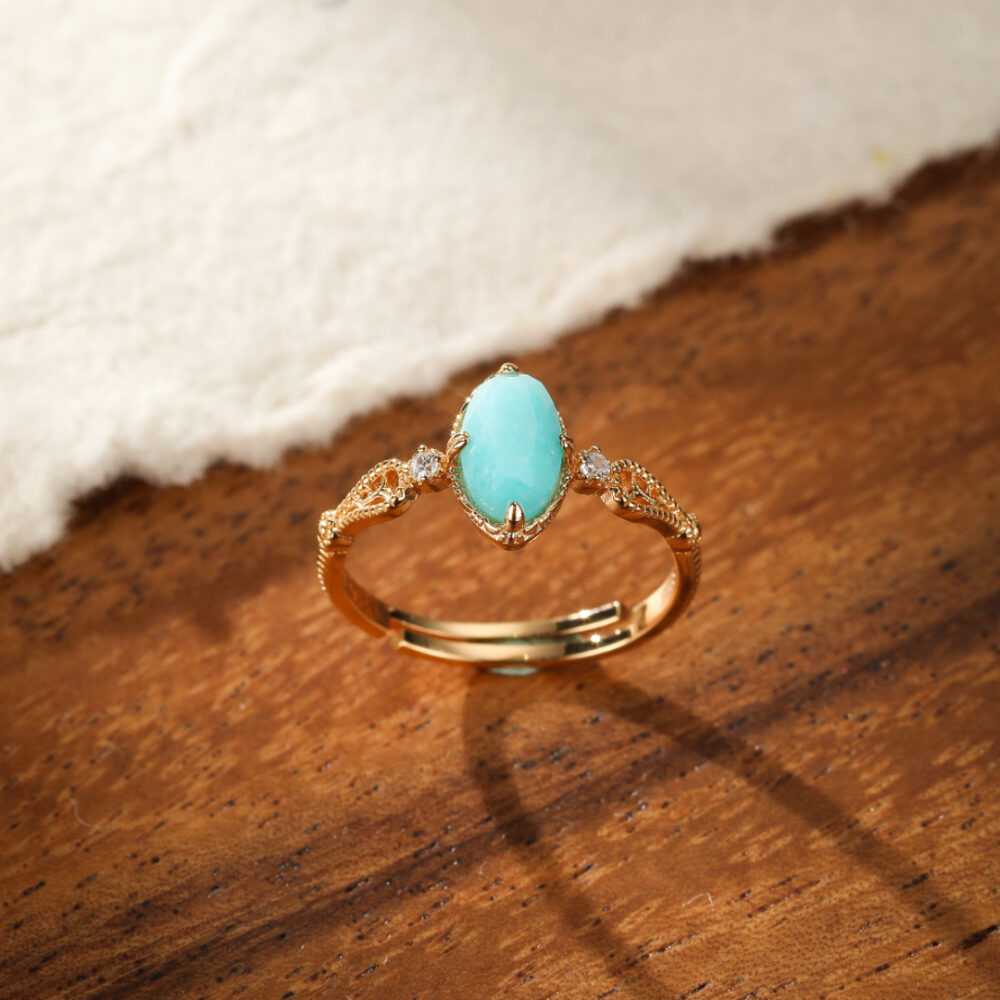 Bague Amazonite – Goutte de Bonheur, Argent Plaqué Or