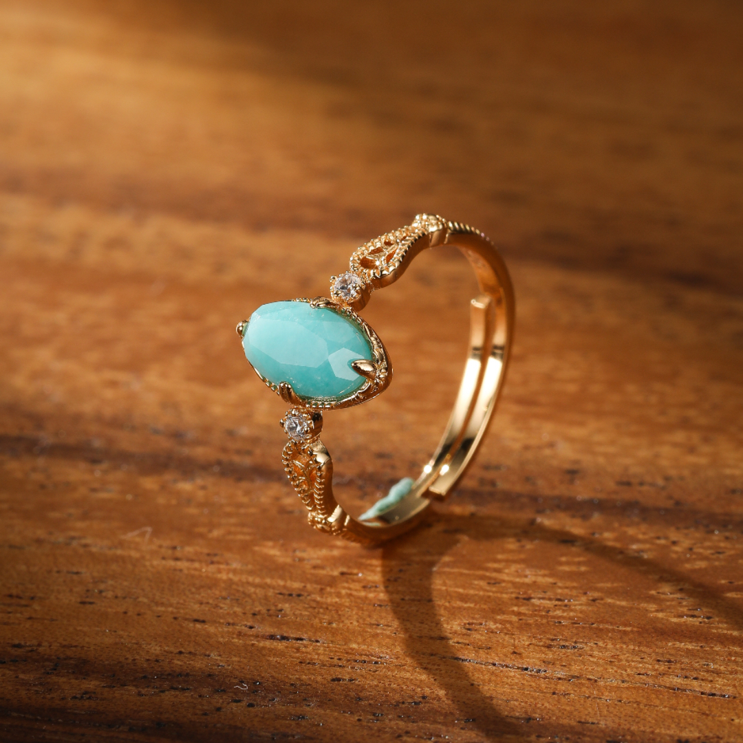 Bague Amazonite – Goutte de Bonheur, Argent Plaqué Or