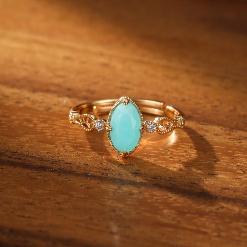 Bague Amazonite – Goutte de Bonheur, Argent Plaqué Or